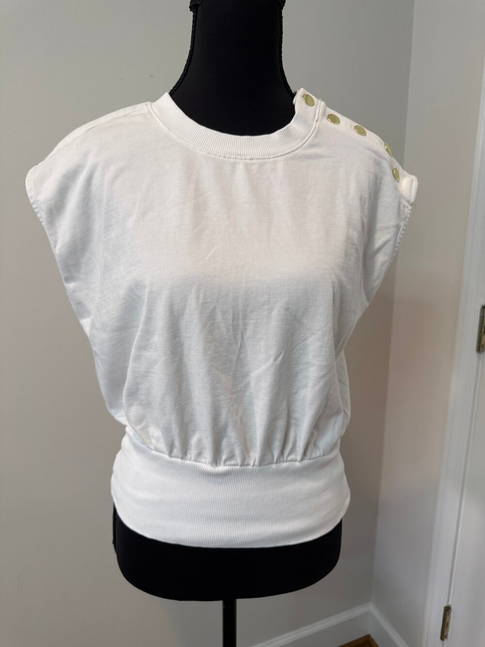 Ann Taylor Embellished Shoulder Detail Crew Neck Top in White